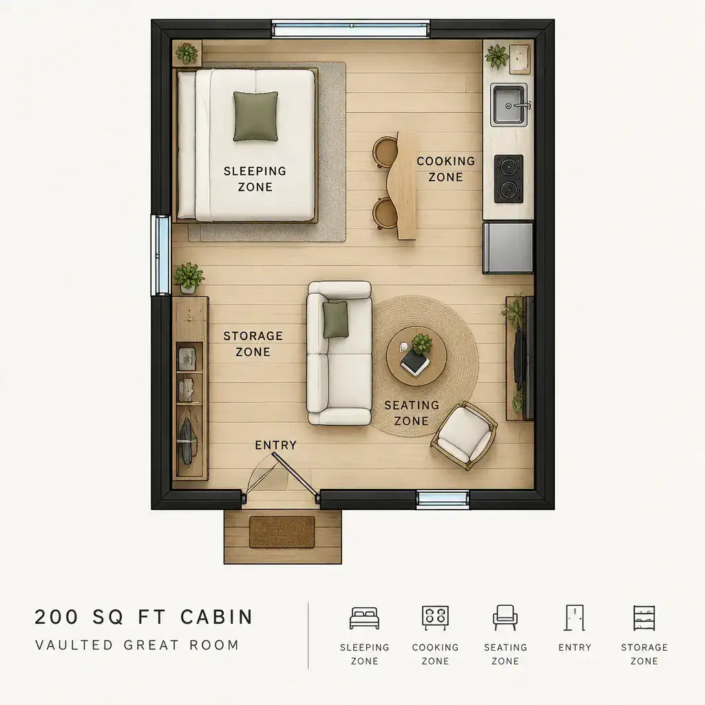 Compact 200 square foot cabin floor plan with flexible zones