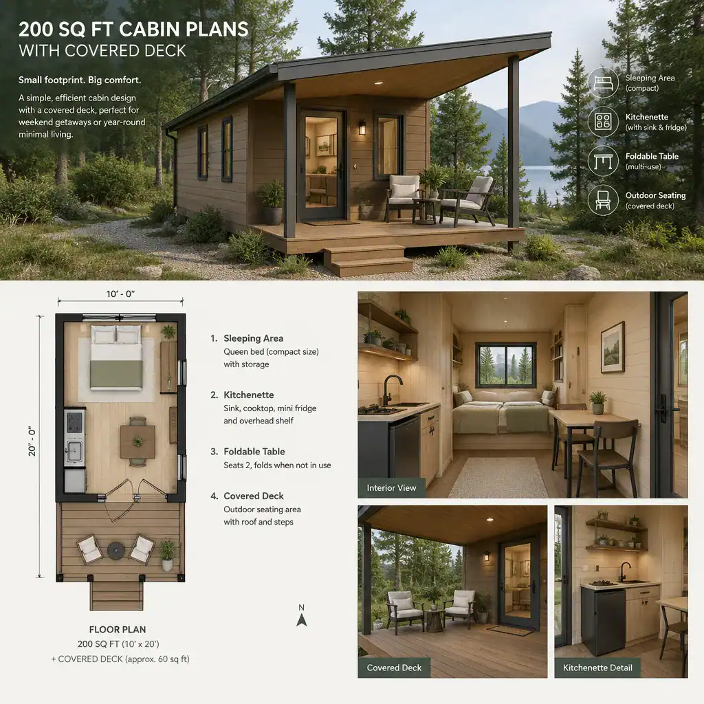 Compact 200 square foot cabin with a covered deck and efficient interior layout