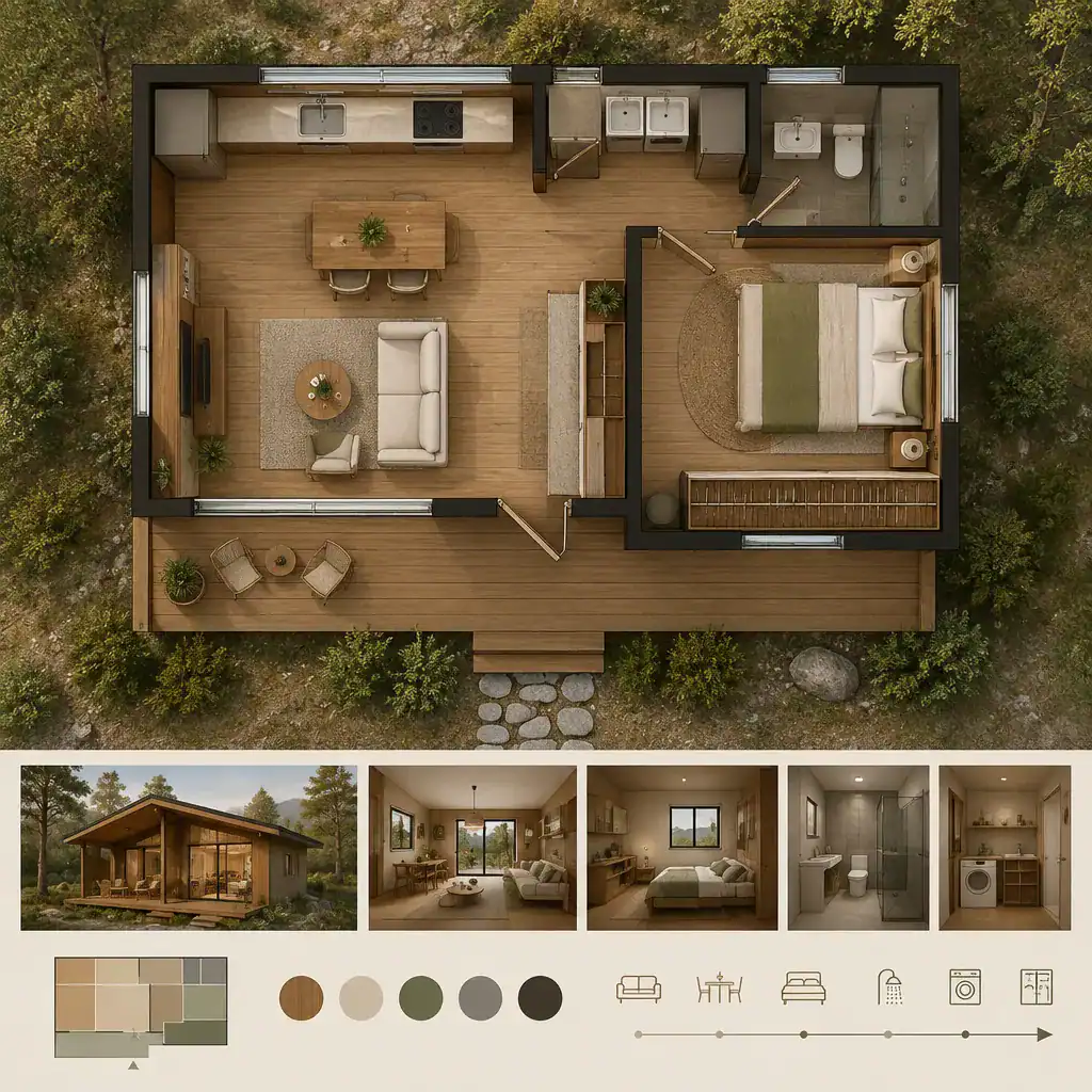 Compact cabin floor plan with living, sleeping, service, and storage zones