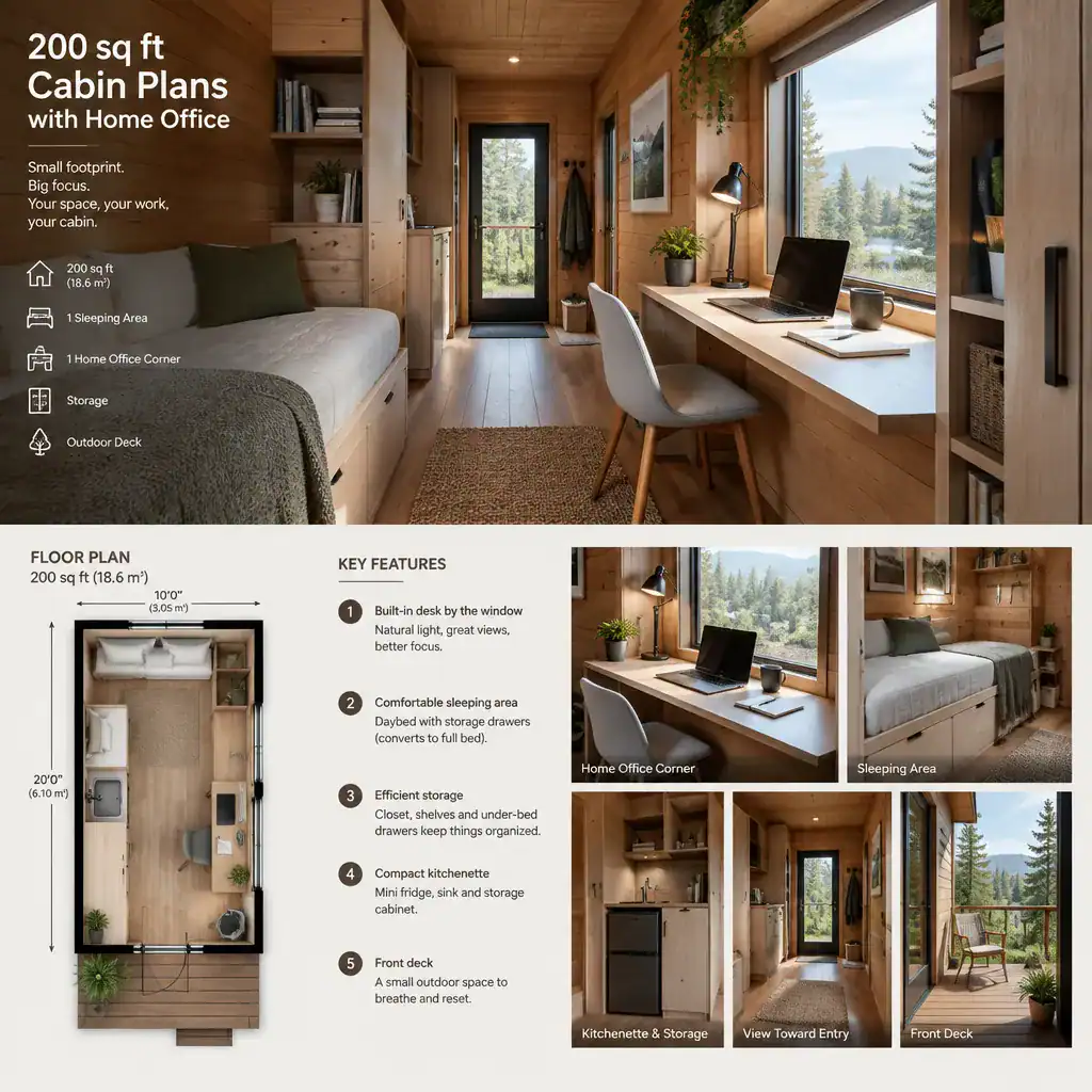 compact cabin home office beside a window