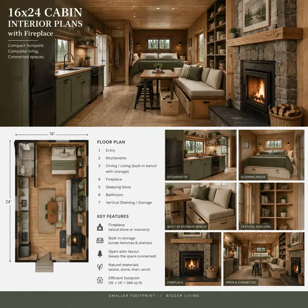 Compact cabin interior with kitchen sleeping nook and fireplace