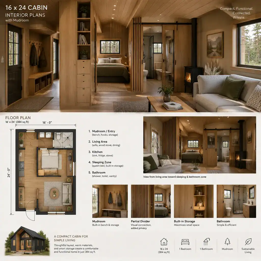 compact cabin sleeping and bathroom zone