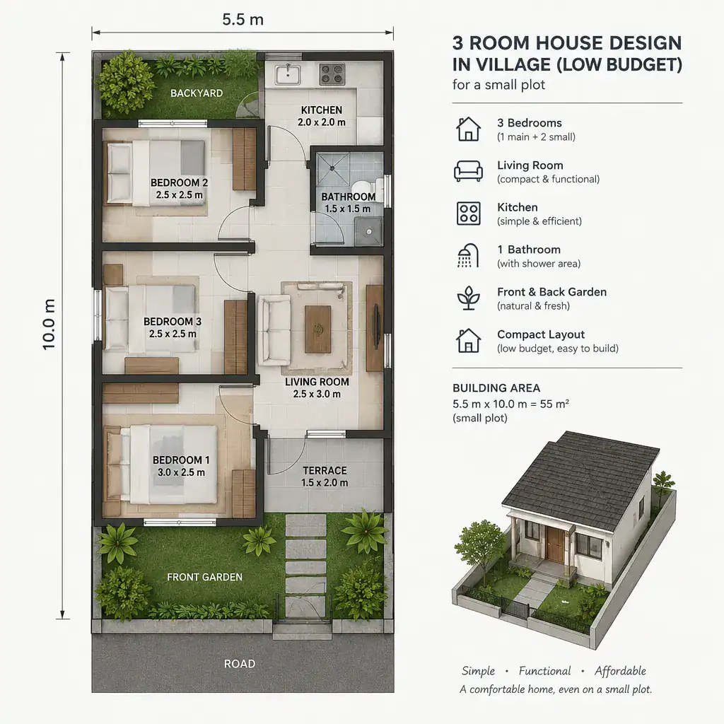 Compact three-room villa floor plan for a small plot