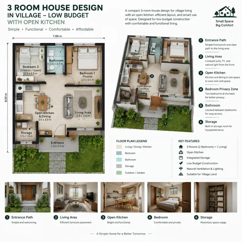 Compact villa interior layout with privacy and storage zones