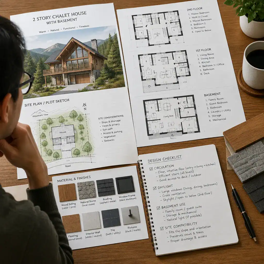 Comparing chalet house plans with basement checklist
