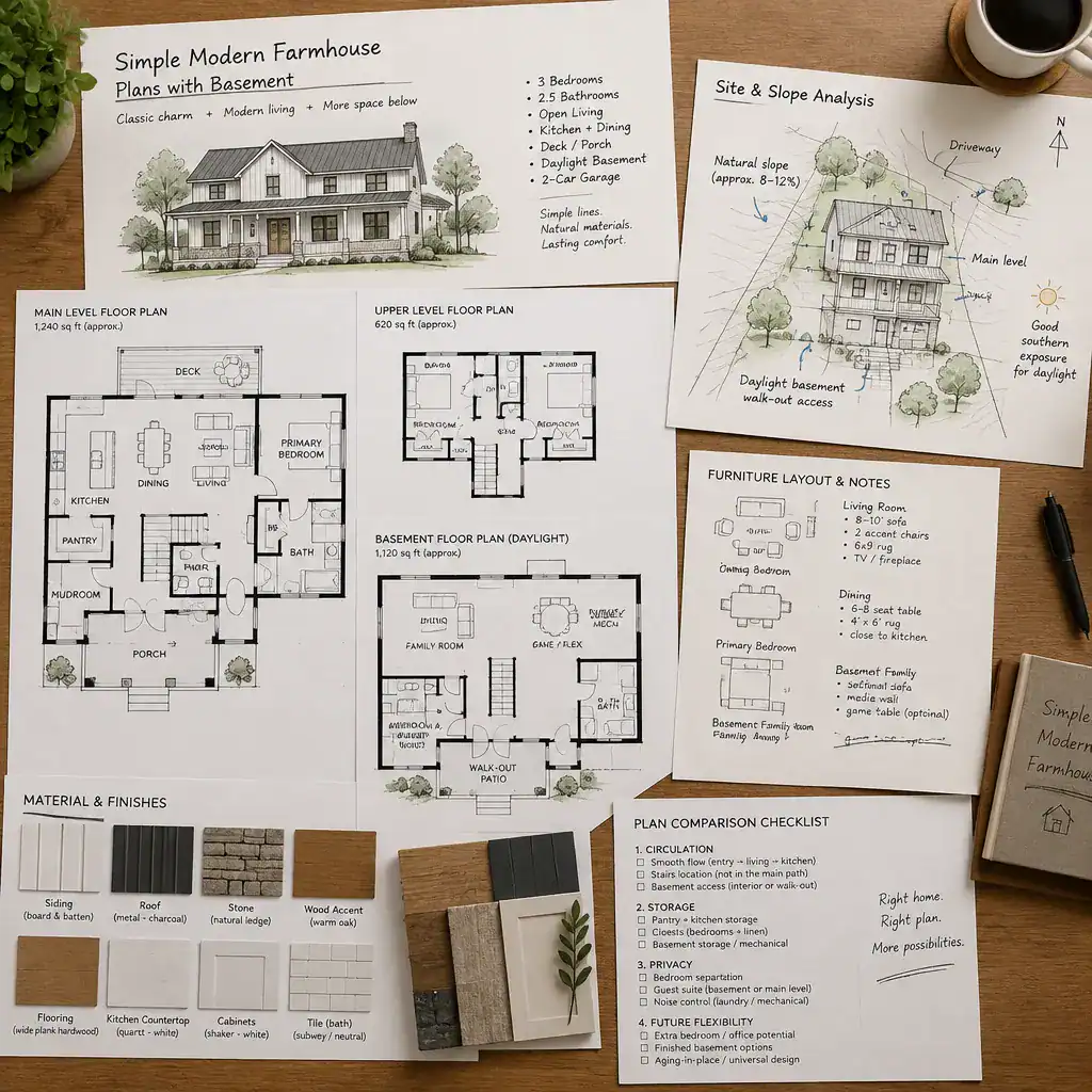 Comparing modern farmhouse plans with basement options