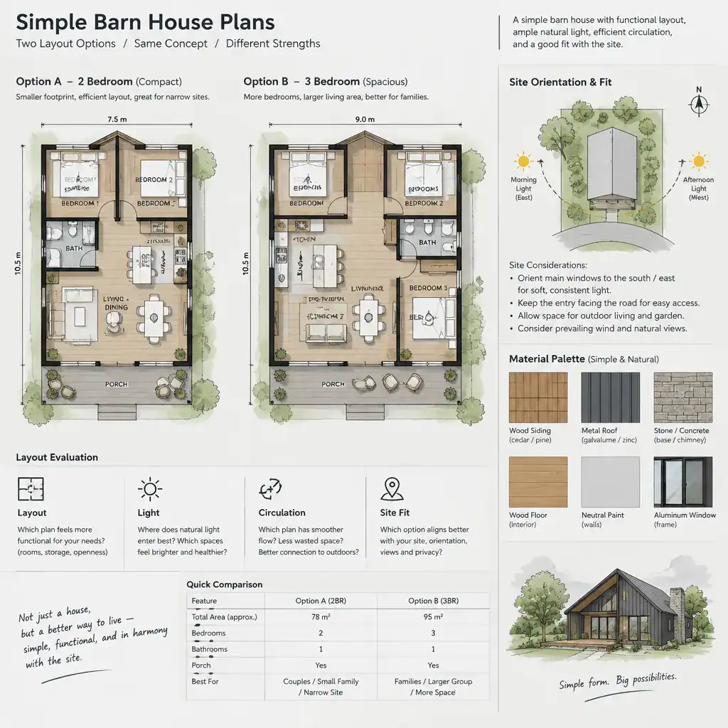 Comparing simple barn house plans with layout drawings and site considerations