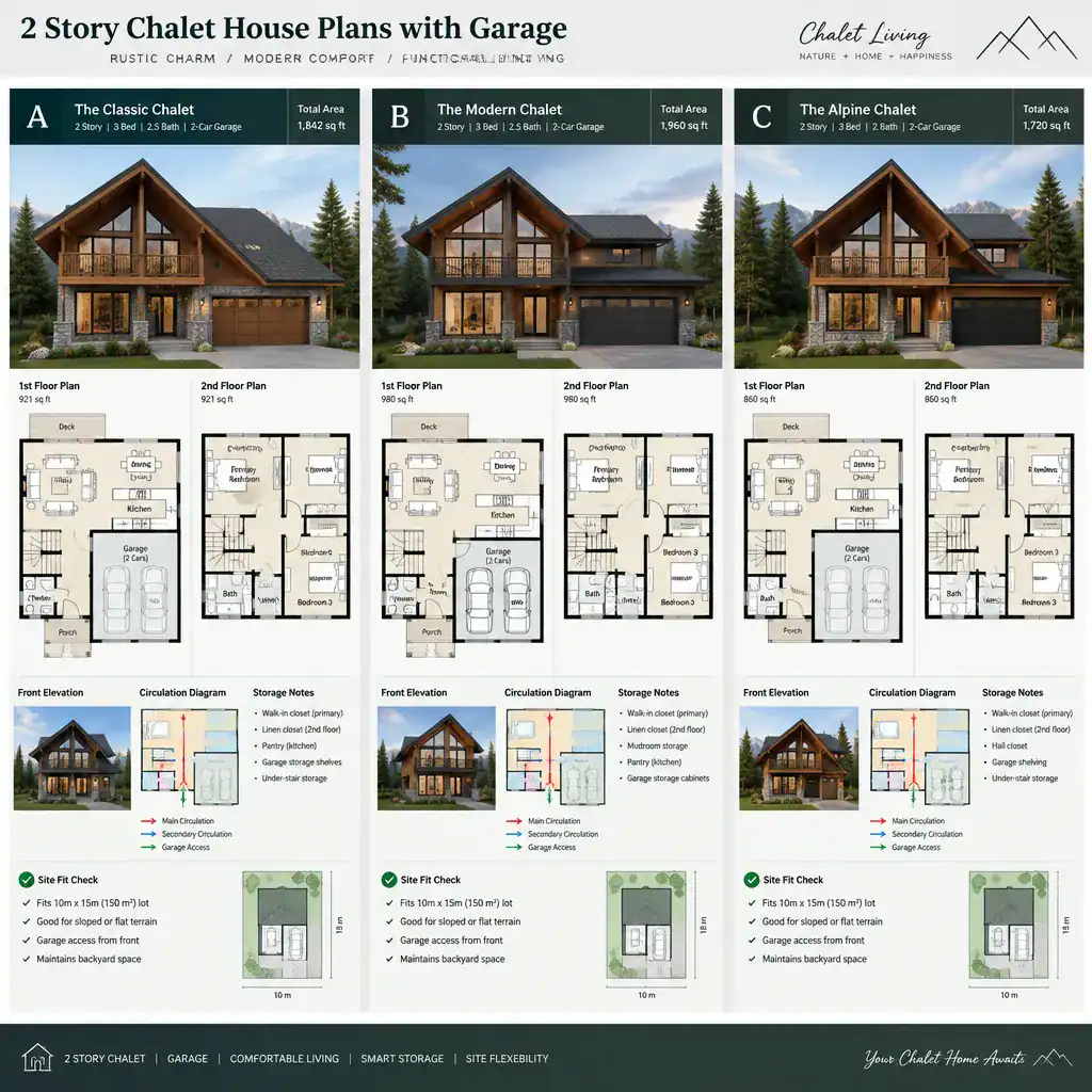 Comparing two-story chalet house plans with garages