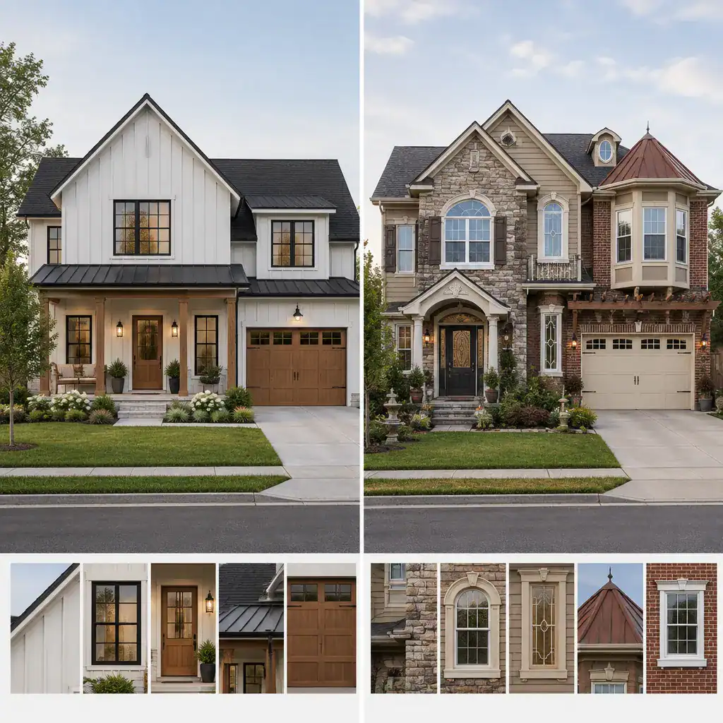 Comparison of cohesive and cluttered modern farmhouse exterior designs