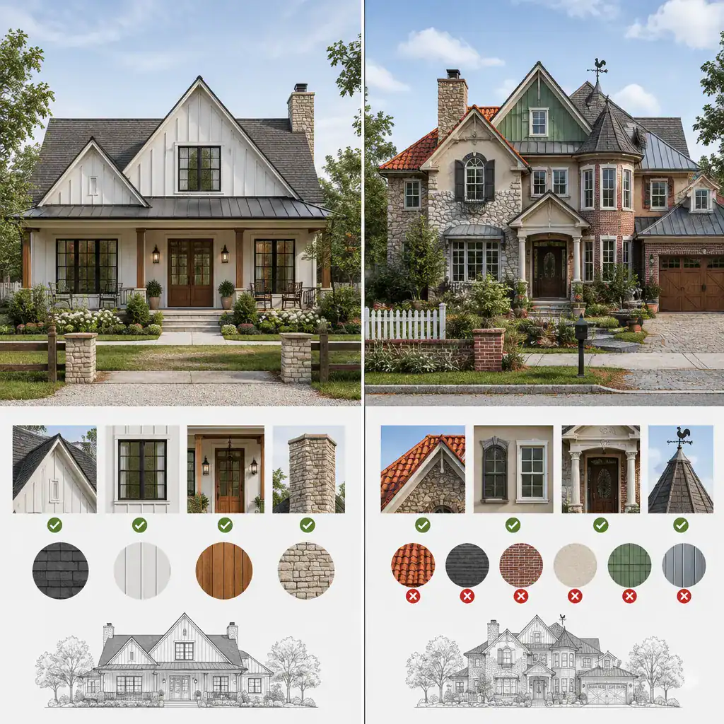 Comparison of cohesive and cluttered modern traditional farmhouse design