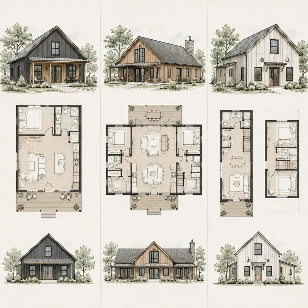 Comparison of simple barn style house plan concepts with different layouts
