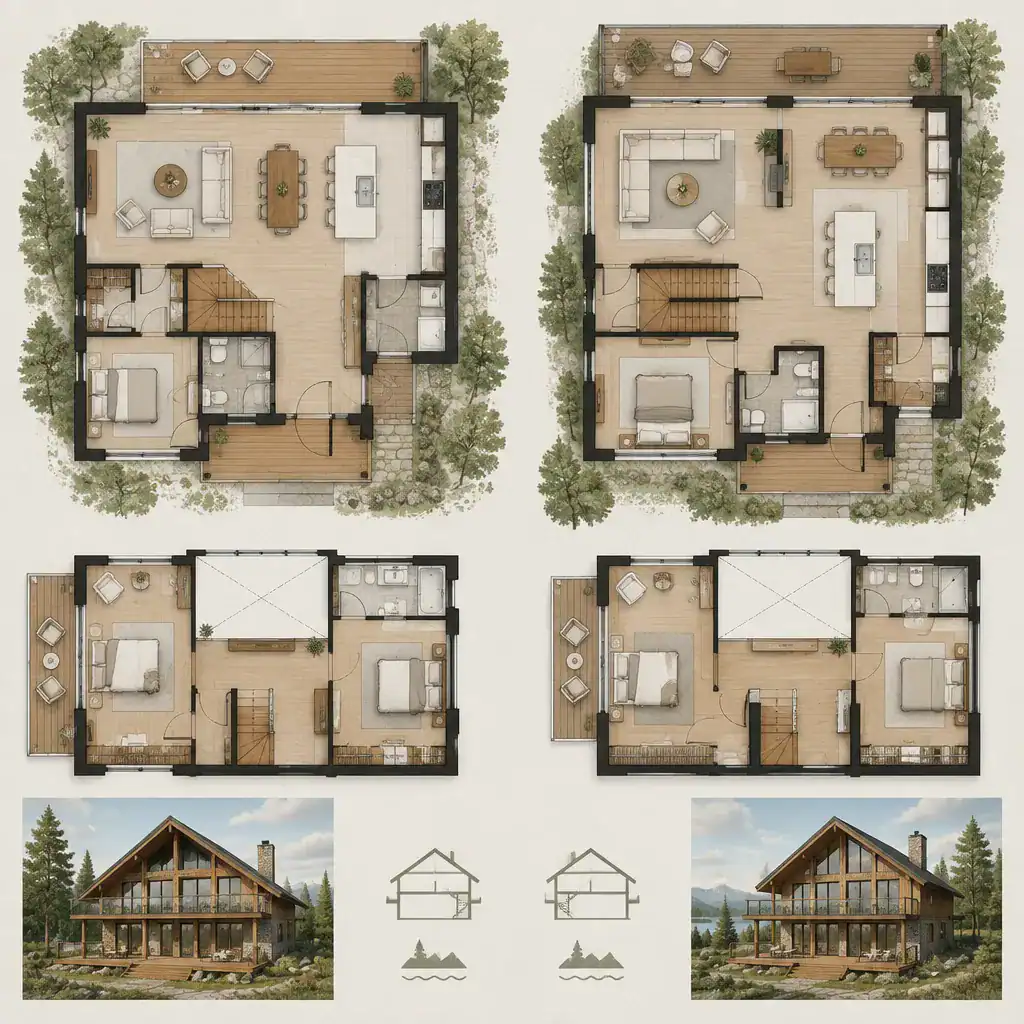 Comparison of two-story chalet house plan layouts