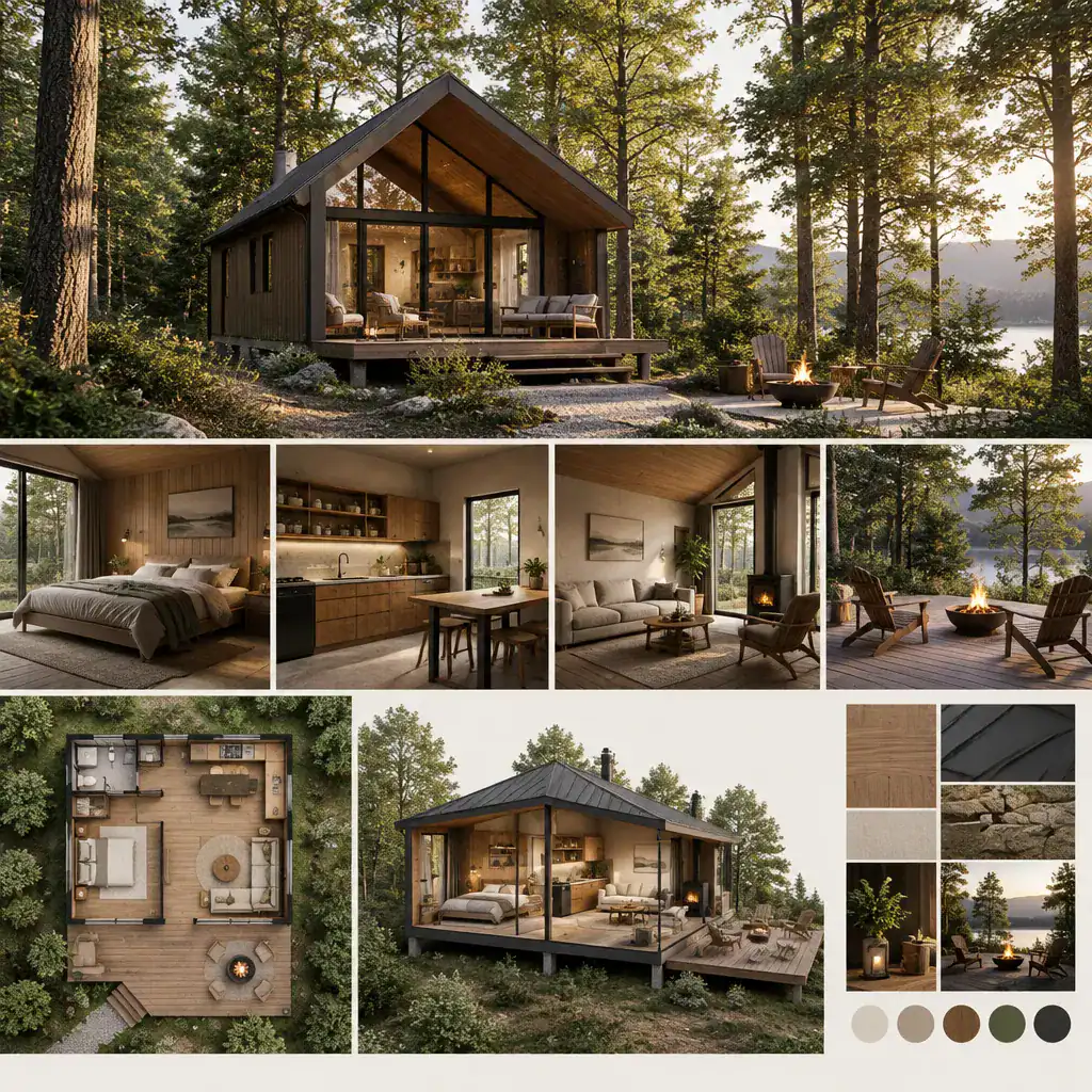Concept board for planning a compact cabin retreat