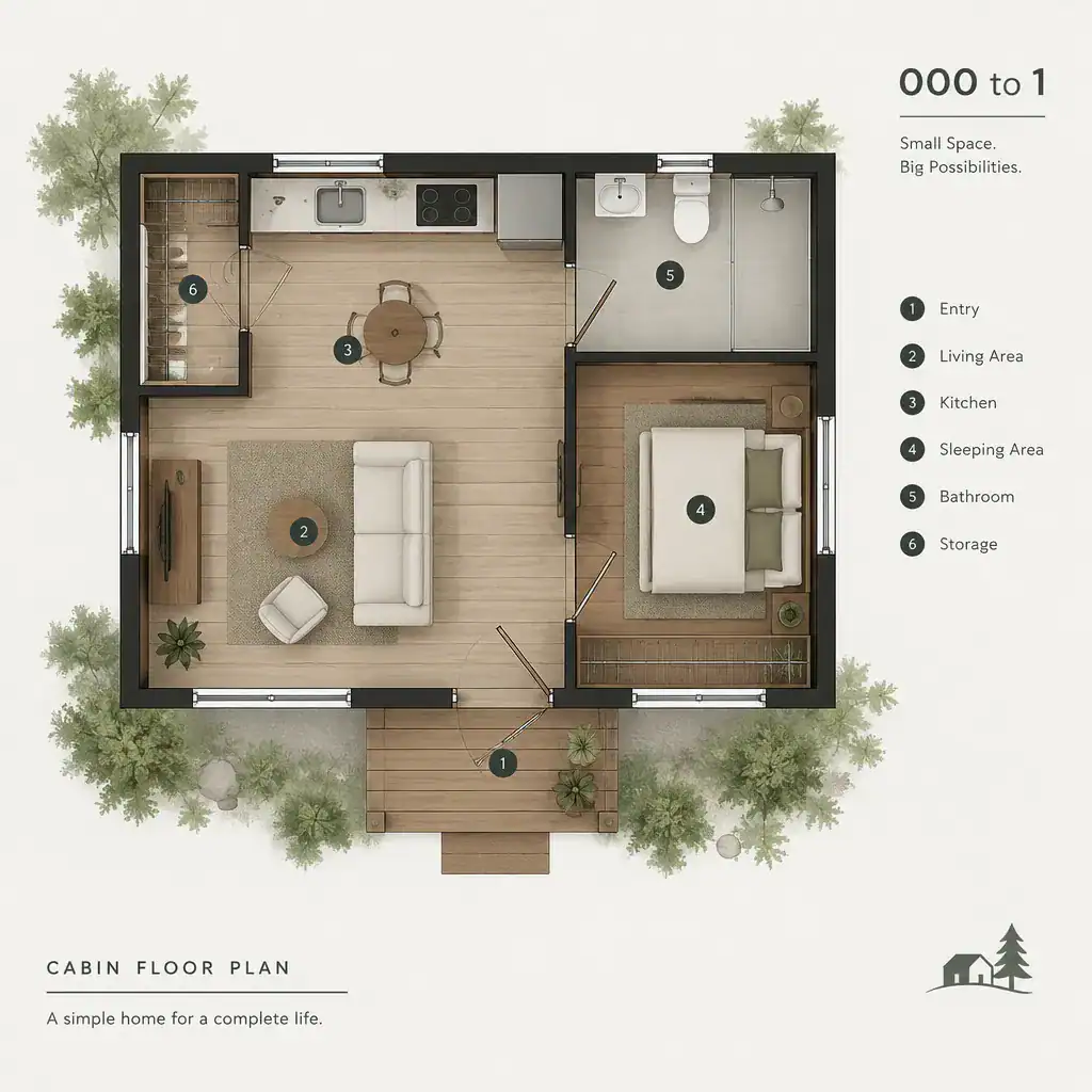 Conceptual cabin floor plan with functional living zones