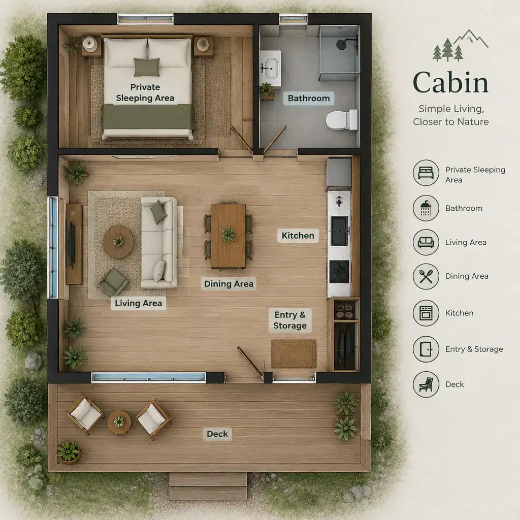 Conceptual cabin floor plan with open living areas