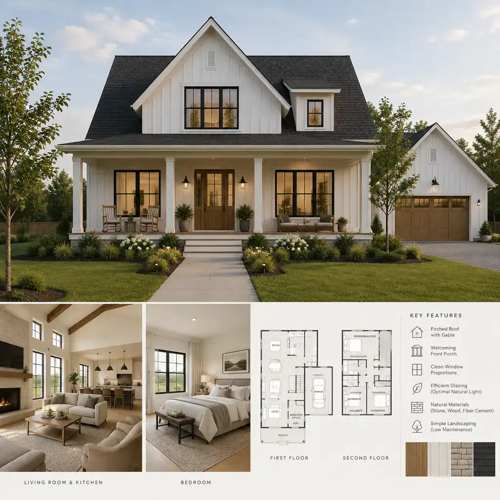 Contemporary American farmhouse with traditional architectural character