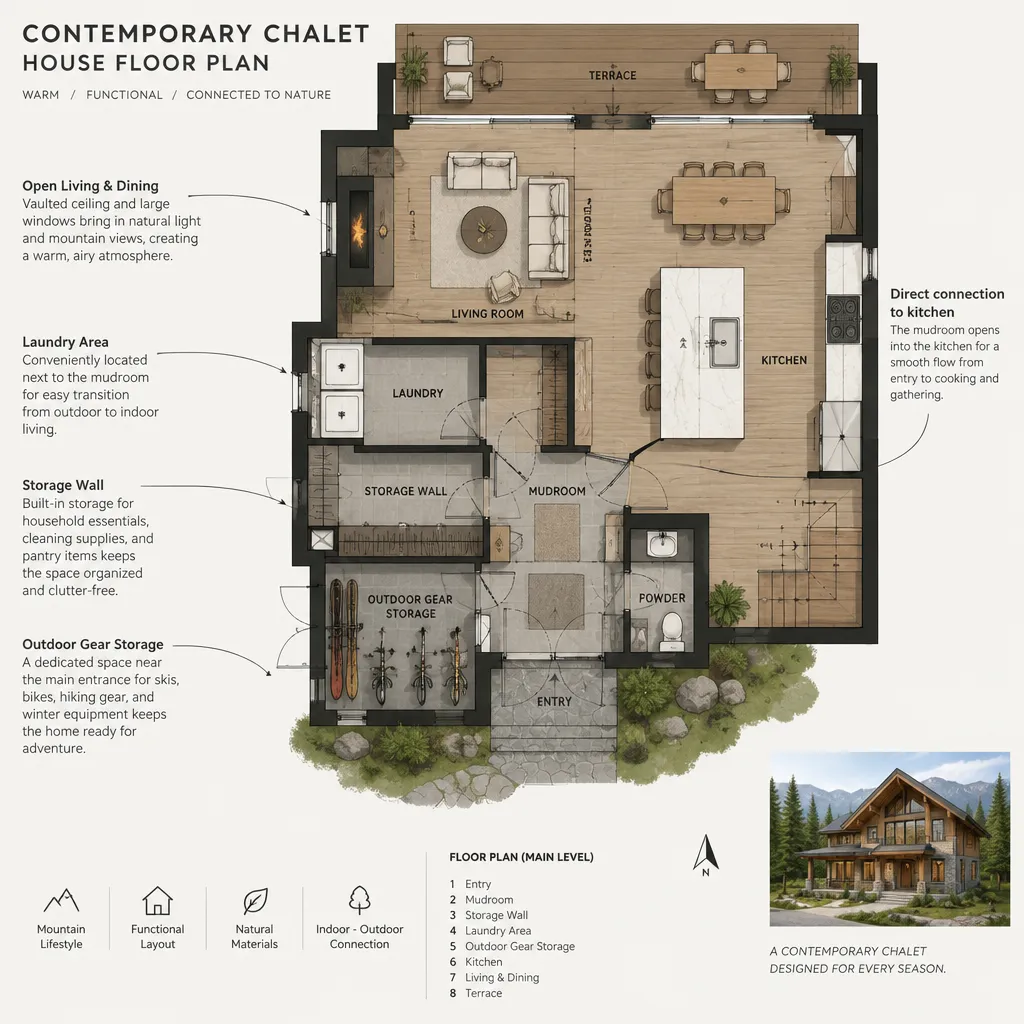 Contemporary chalet entry and mudroom floor plan