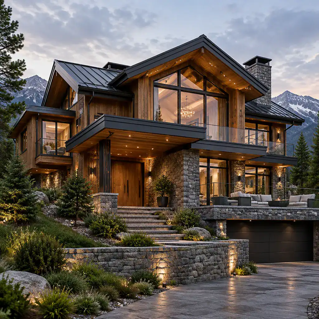 Contemporary chalet facade with layered timber and stone volumes