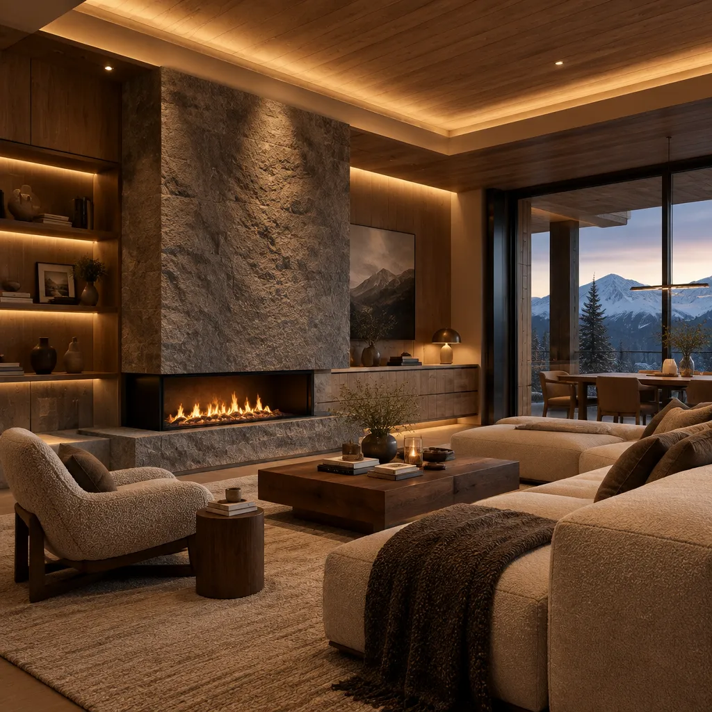 Contemporary chalet living room with stone fireplace and layered lighting