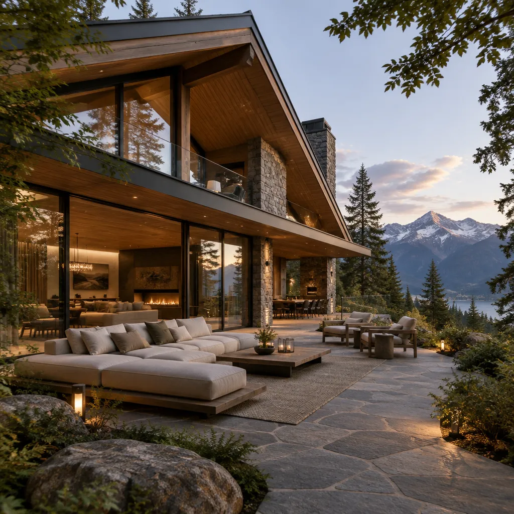 Contemporary chalet terrace connected to a wooded landscape