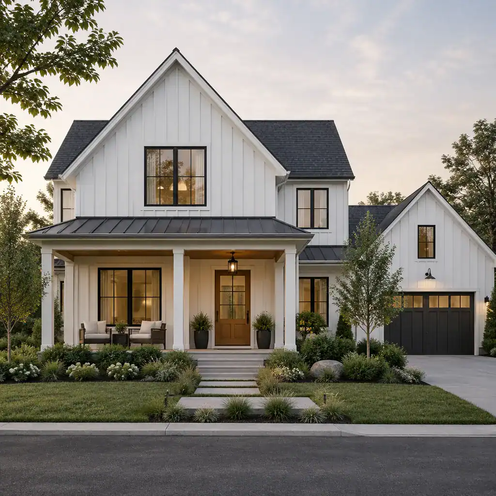Contemporary farmhouse with traditional roof form and simplified details