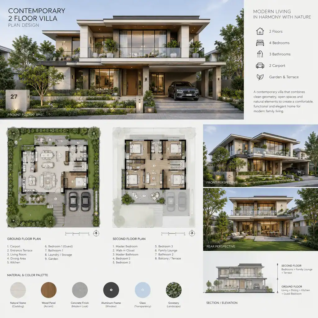 Contemporary two-story villa with clean geometric volumes and layered terraces