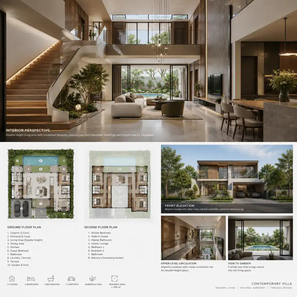 Contemporary villa interior with sculptural staircase and connected two-floor circulation