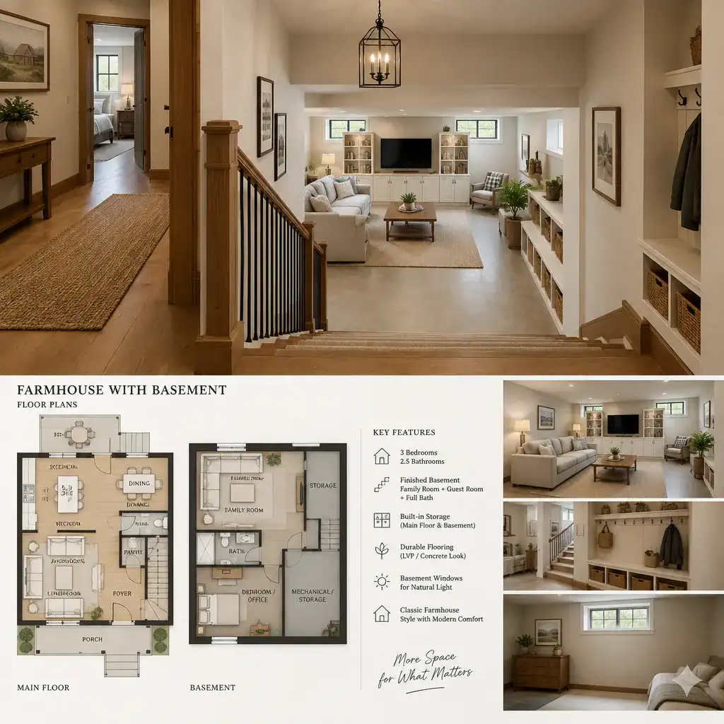 Coordinated farmhouse staircase connecting the main floor and basement