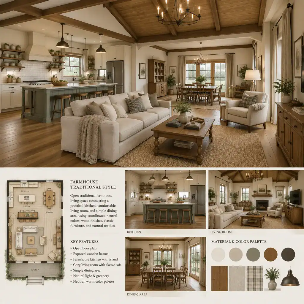Coordinated traditional farmhouse kitchen, living room, and dining area