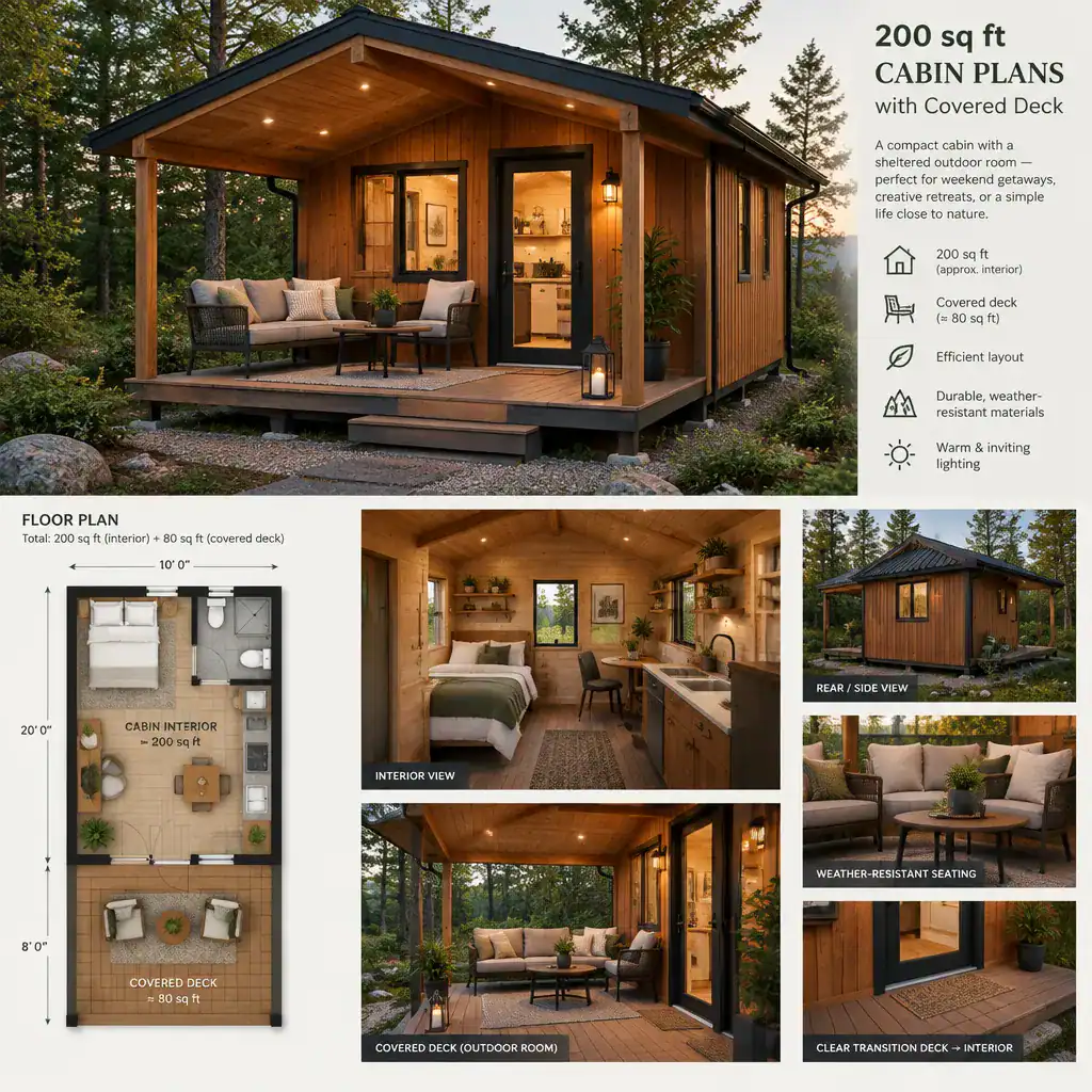Covered deck extending the living space of a small cabin
