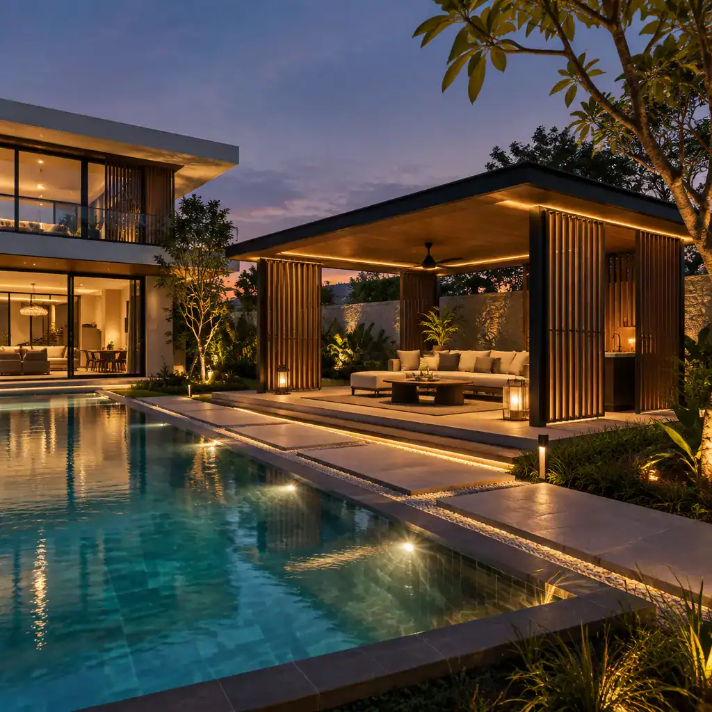 Covered modern pool pavilion with evening lighting