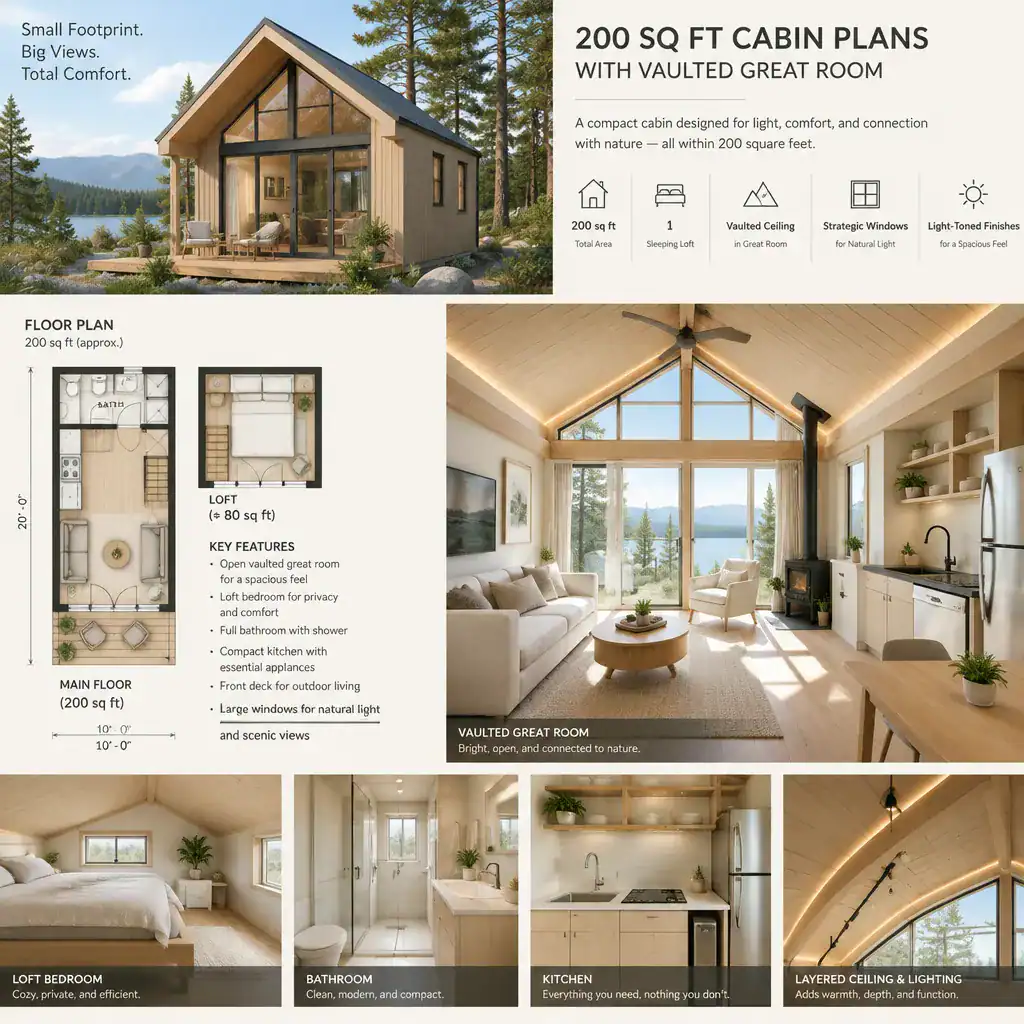Daylit compact cabin interior with vaulted ceiling