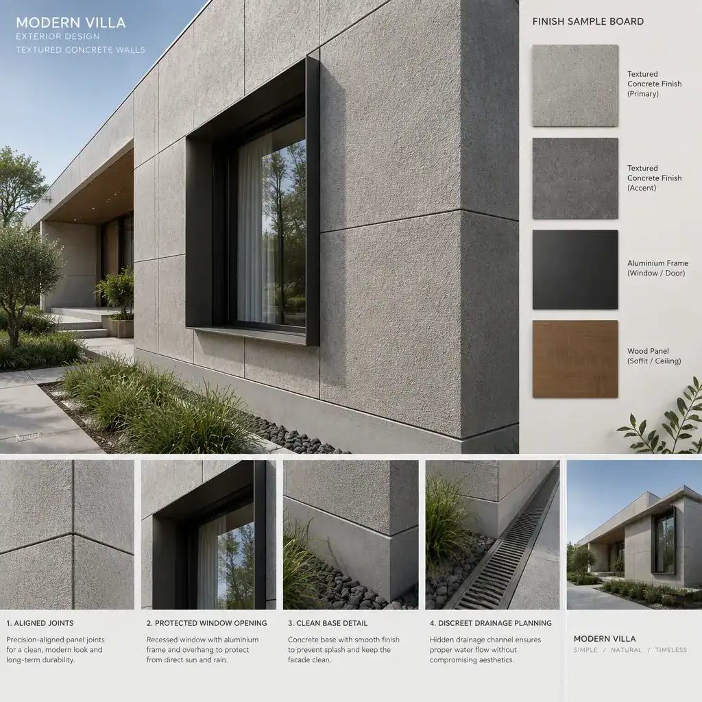 Detailed textured concrete villa wall with considered construction joints
