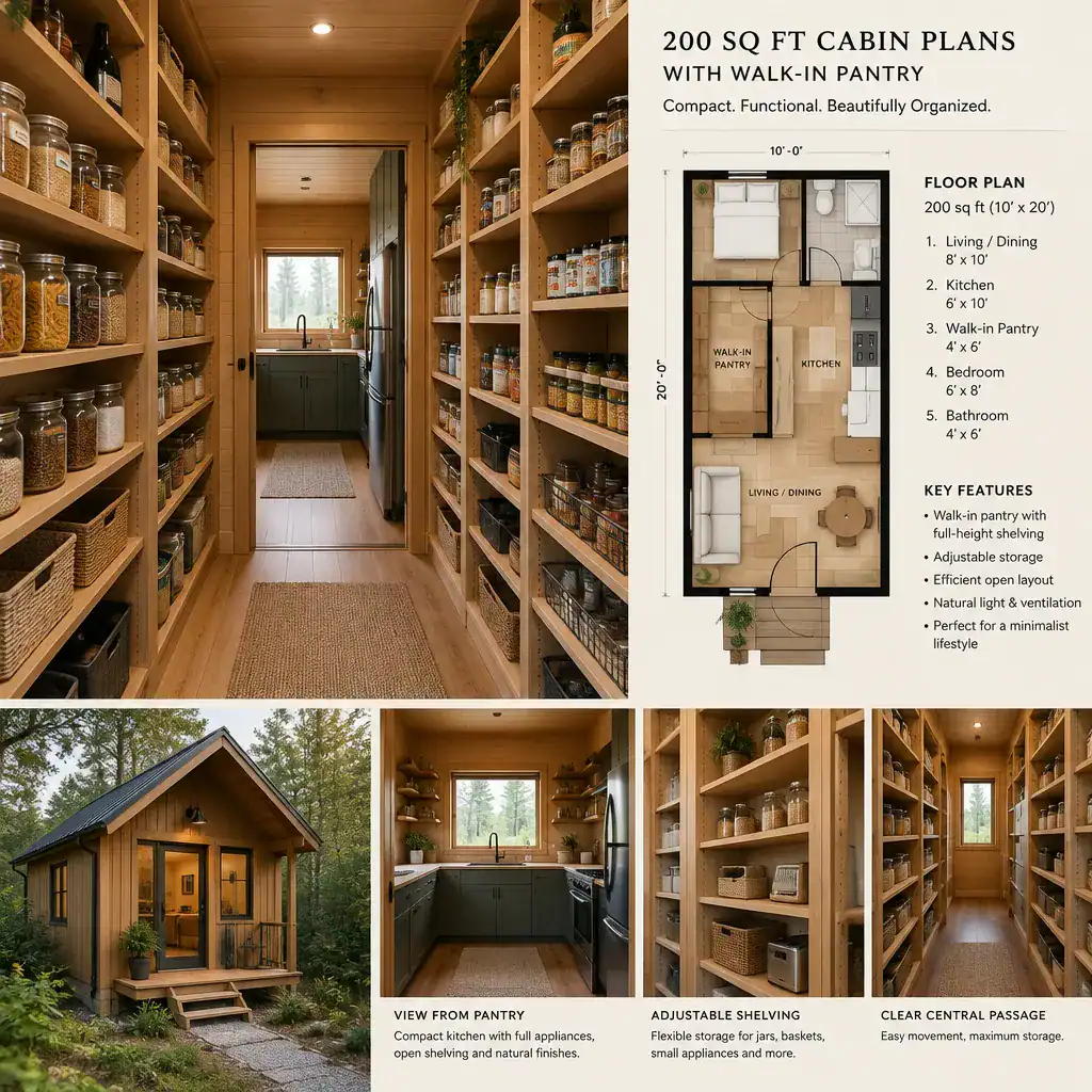 Efficient narrow walk-in pantry storage in a small cabin