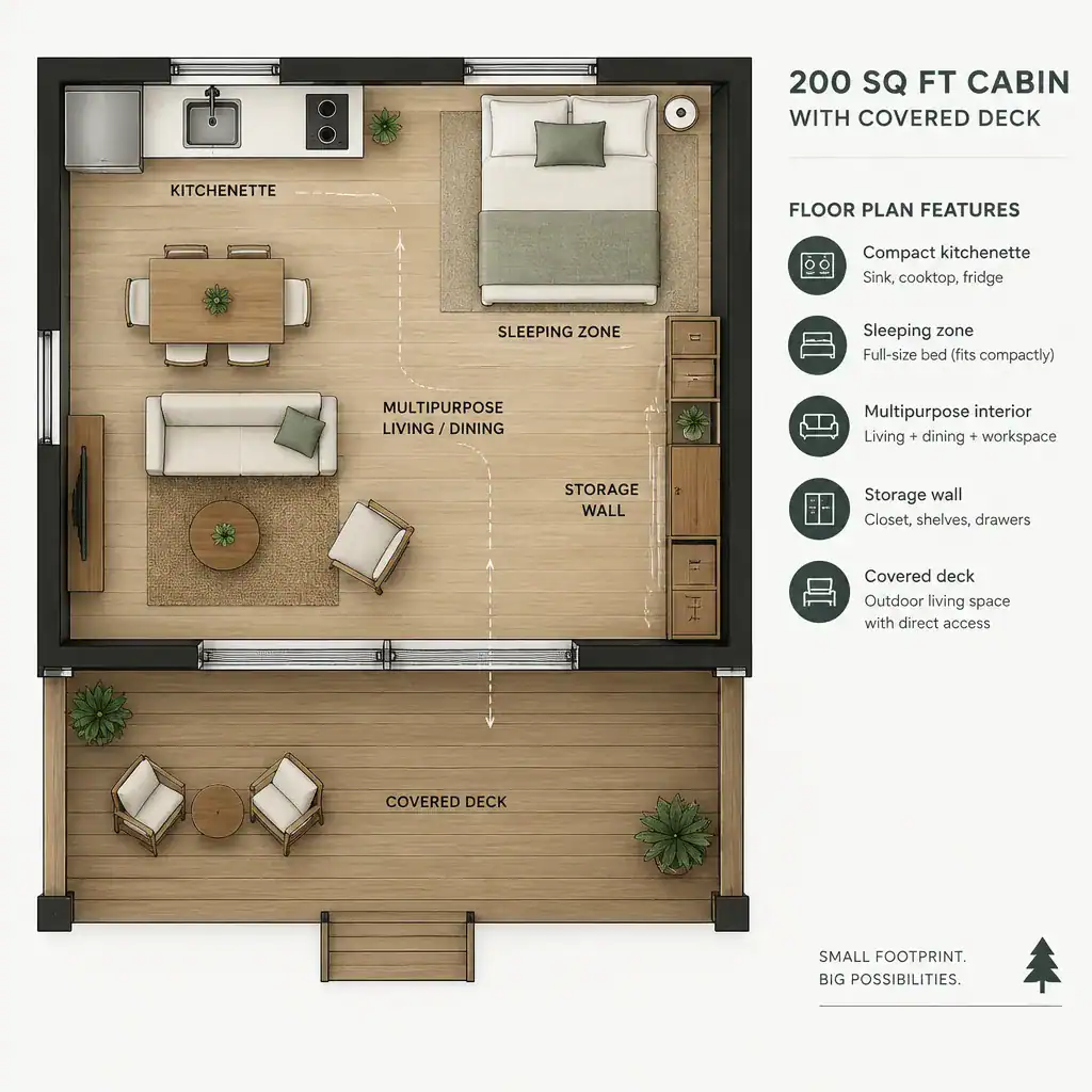 Efficient small cabin floor plan with open living space and covered deck access