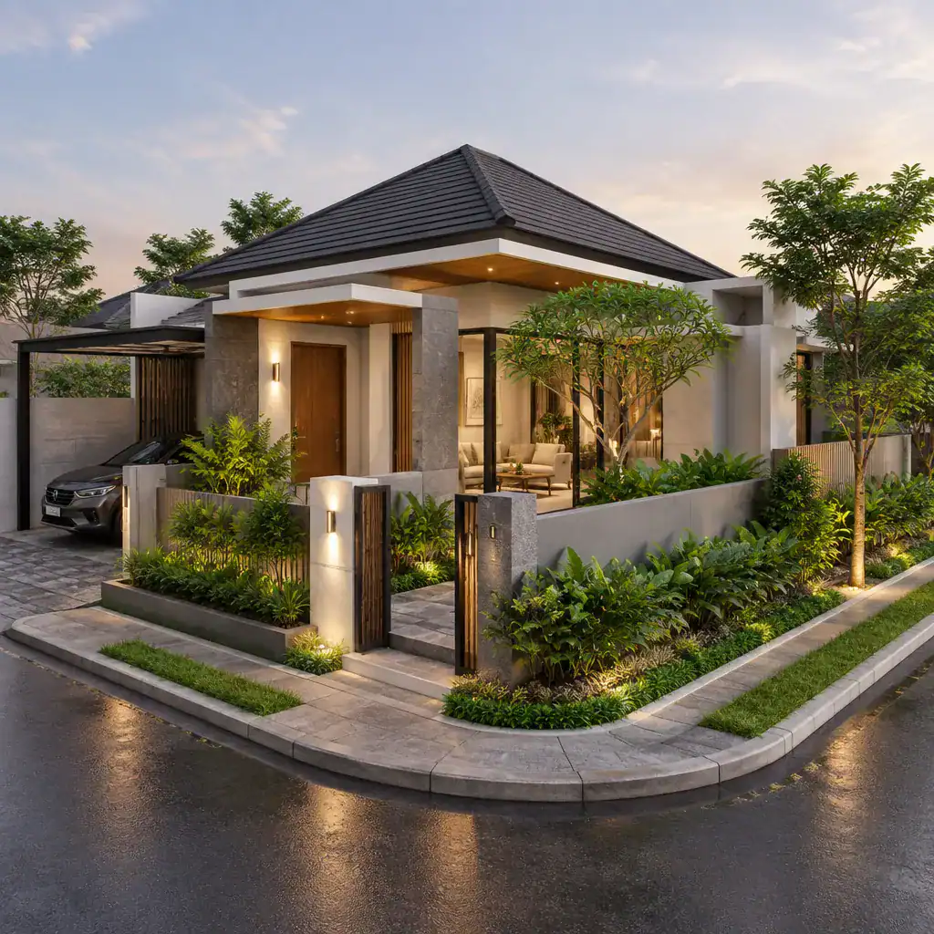Entry, parking, and courtyard arrangement for a corner-lot villa
