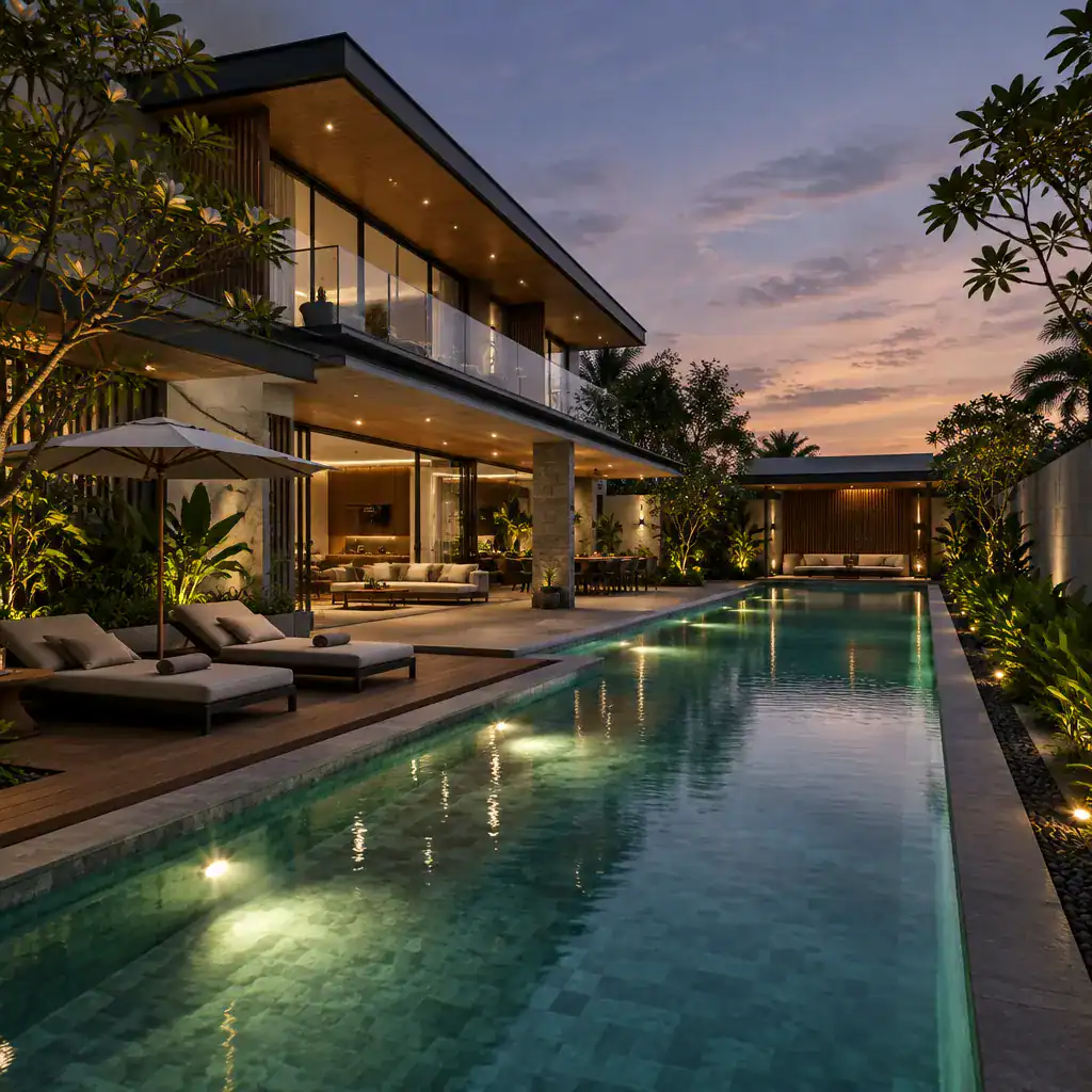 Evening modern villa with illuminated heated lap pool
