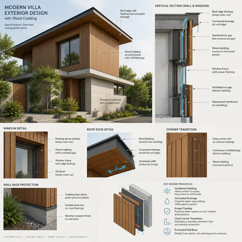 Exterior wood cladding detail around a modern villa window