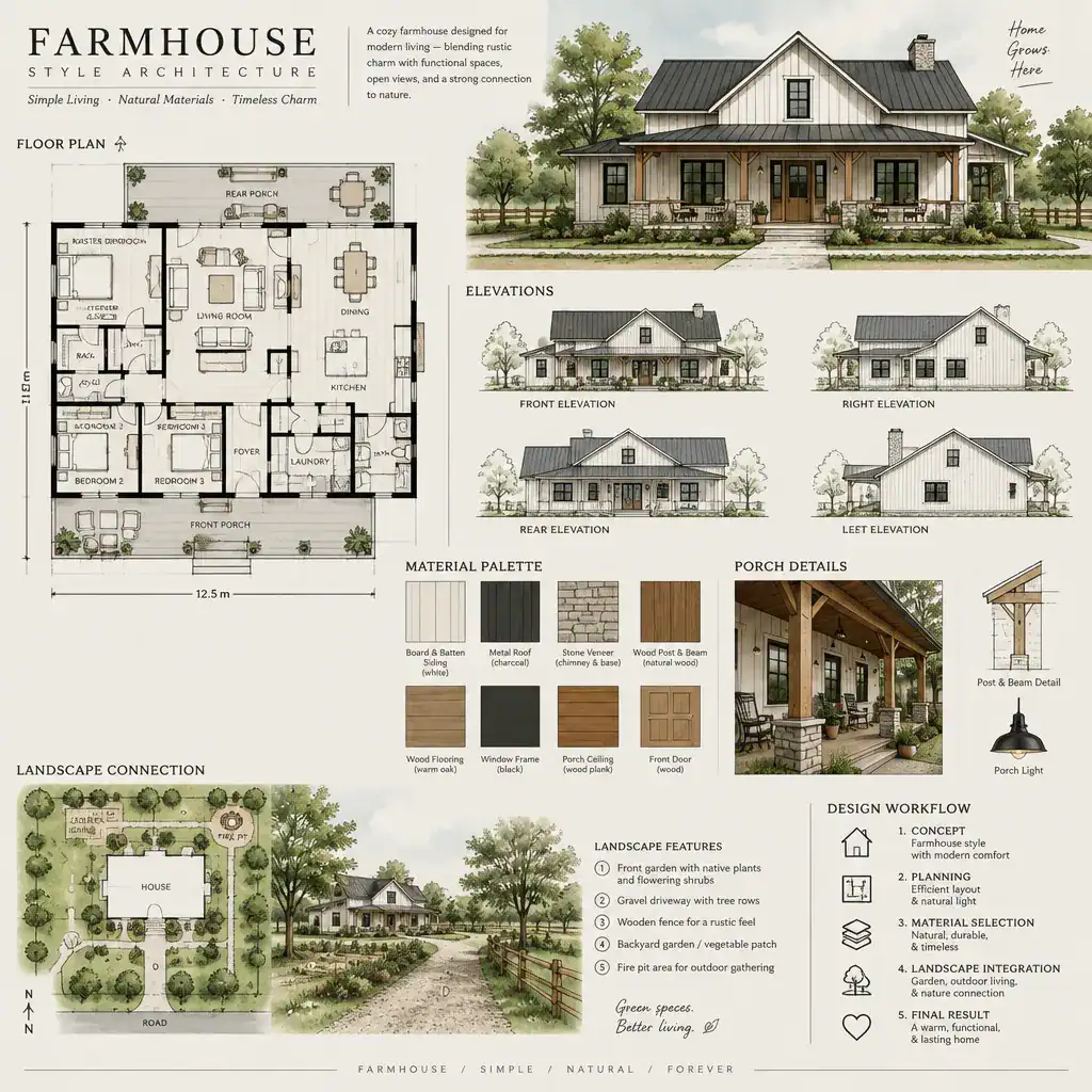 Farmhouse architecture planning board with elevations, materials, and layout ideas