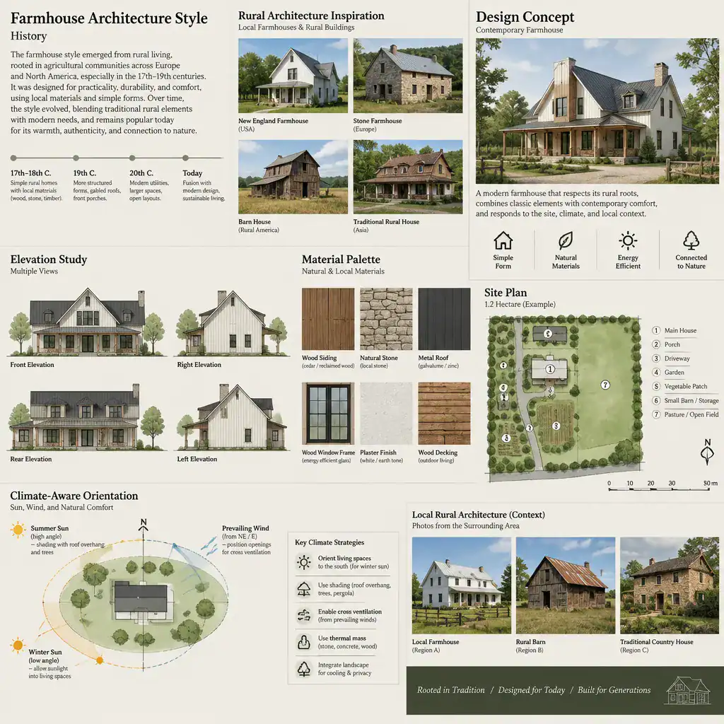 Farmhouse design planning with historical architectural references