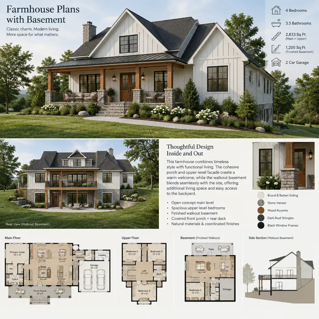 Farmhouse exterior with integrated walkout basement