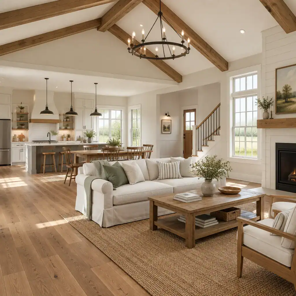 Farmhouse interior with connected living spaces and natural timber details