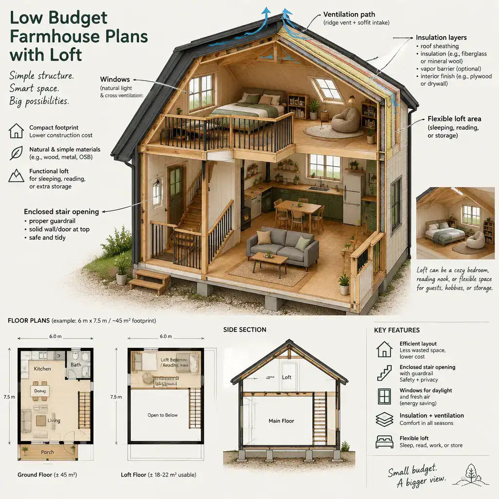 Farmhouse loft interior with stairs, guardrail, windows, and flexible use