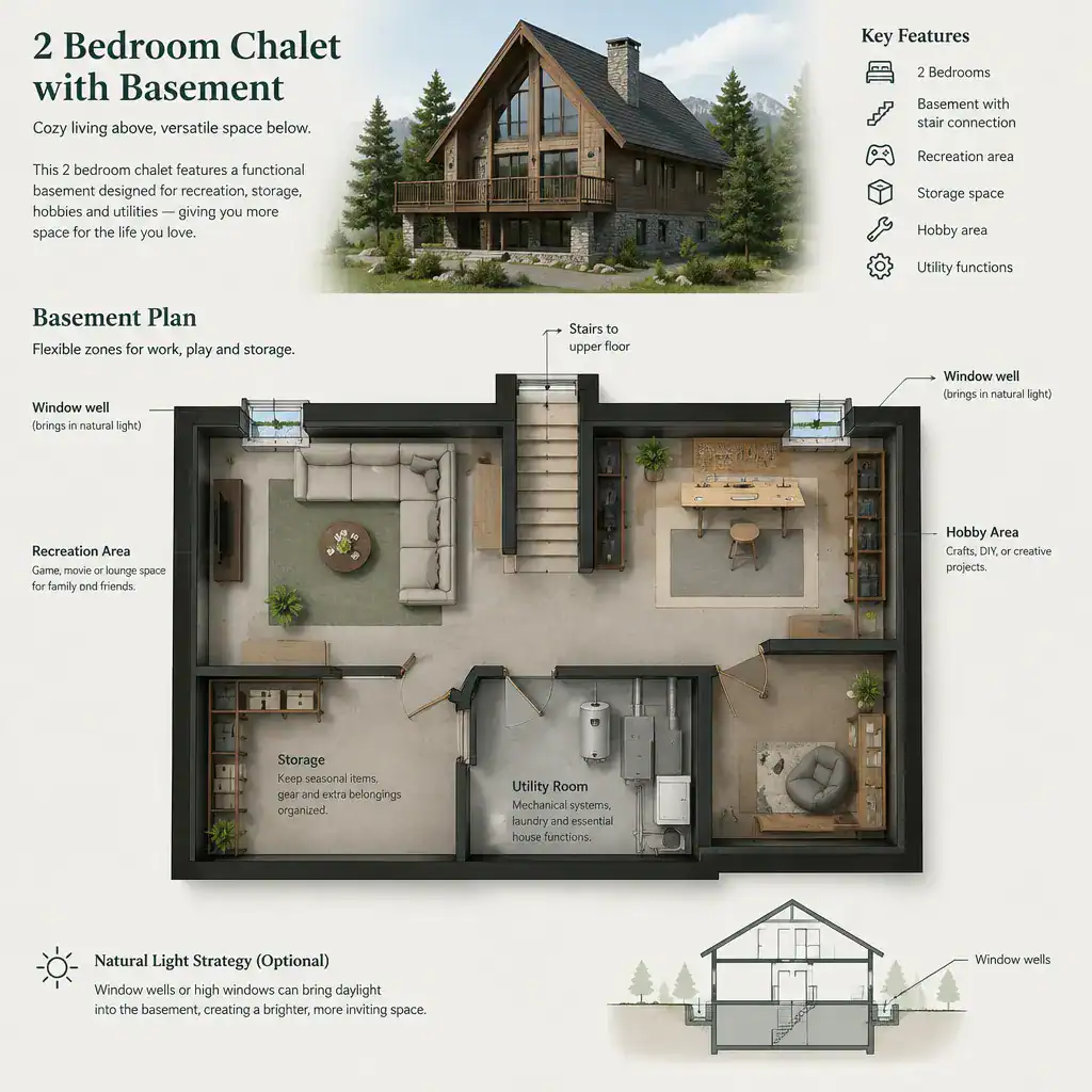 Flexible basement layout beneath a two bedroom chalet