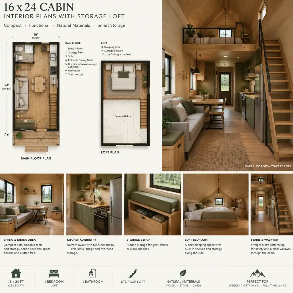 flexible furniture arrangement in a compact cabin interior