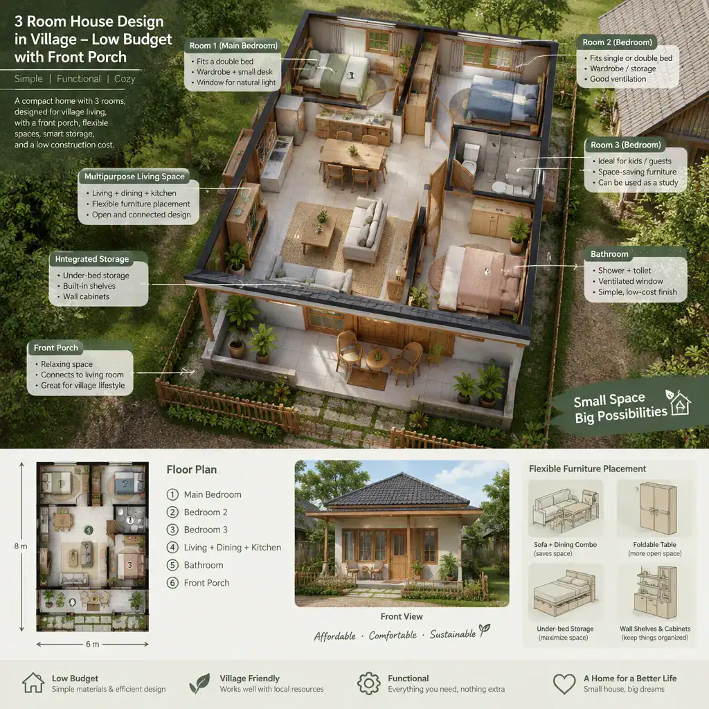 Flexible interior layout for a compact three-room villa