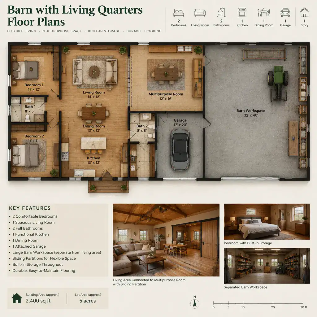 Flexible living area in a barn house with adaptable rooms