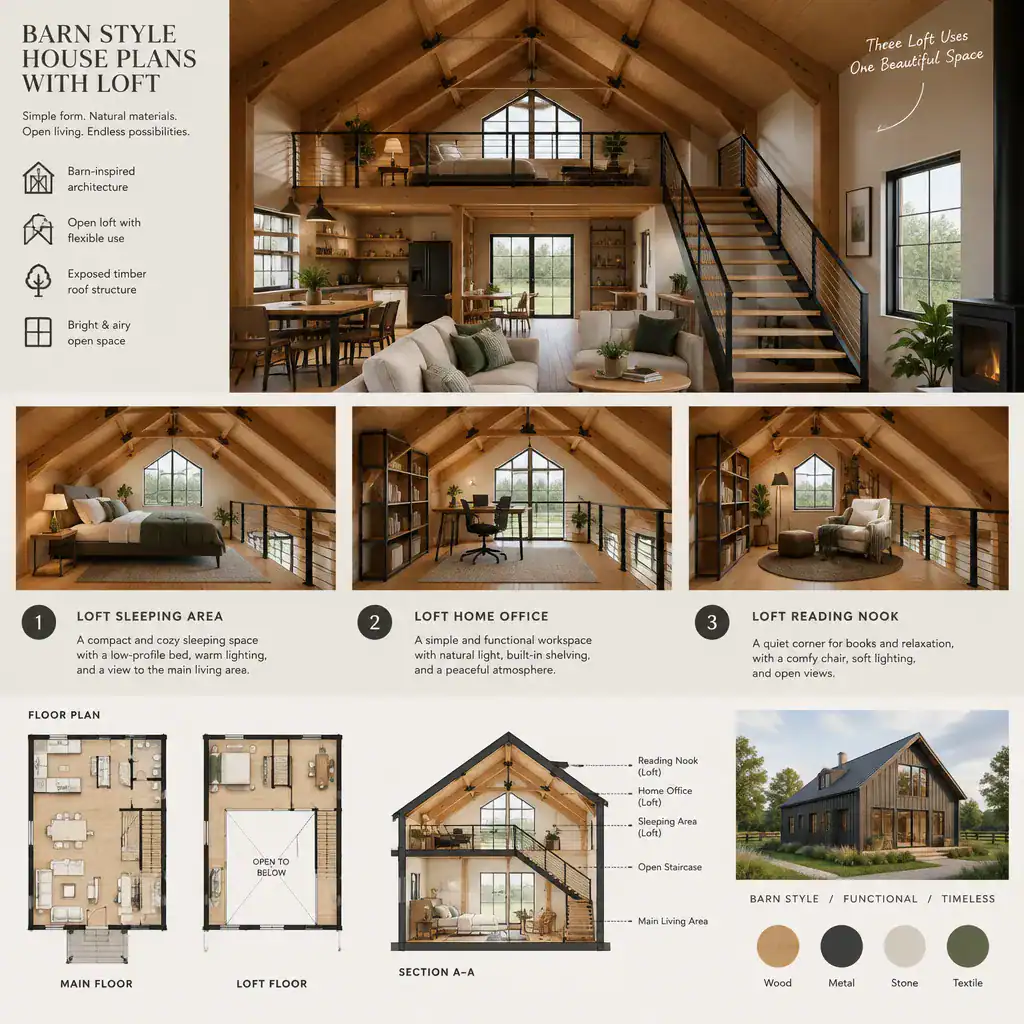 Flexible loft uses in a barn style house