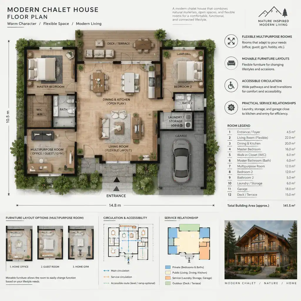 Flexible modern chalet floor plan for long-term use