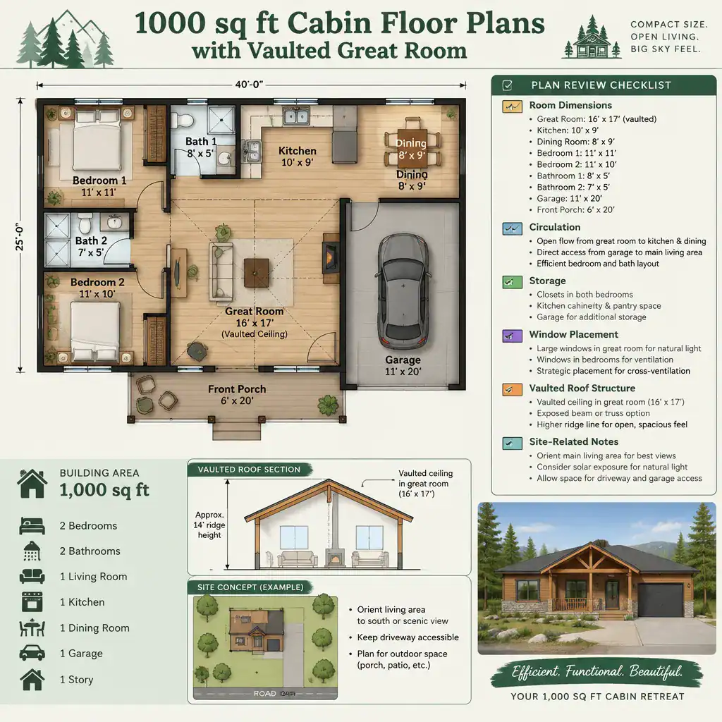 Floor plan review checklist for a 1,000-square-foot cabin with a vaulted great room